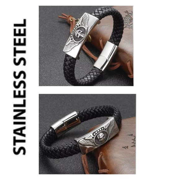 🐘🐘 Stainless Steel Black Leather Bracelet - Picture 1 of 5